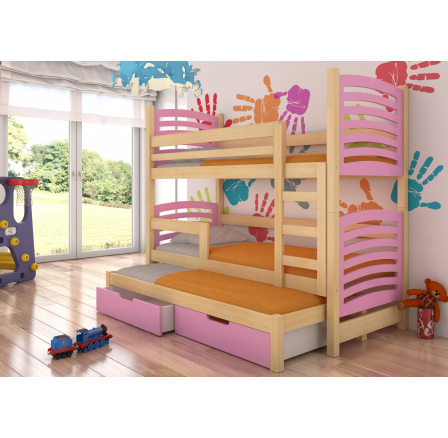 Trojposchodová posteľ s matracmi SORIA Pine+Pink