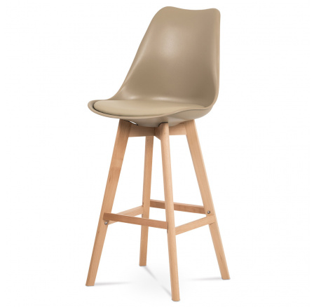 Barová stolička, cappuccino plast+koža, masívne bukové nohy
