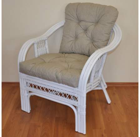 Ratanové kreslo Rio De Janeiro biele - vankúš tmavobéžový