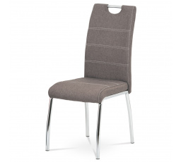 Jedálenská stolička, látkové čalúnenie v kávovej farbe, biele prešívanie, štvornohá pochrómovaná kovová podnož