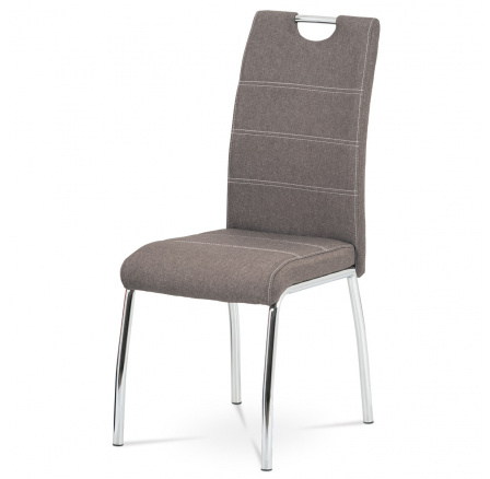 Jedálenská stolička, látkové čalúnenie v kávovej farbe, biele prešívanie, štvornohá pochrómovaná kovová podnož