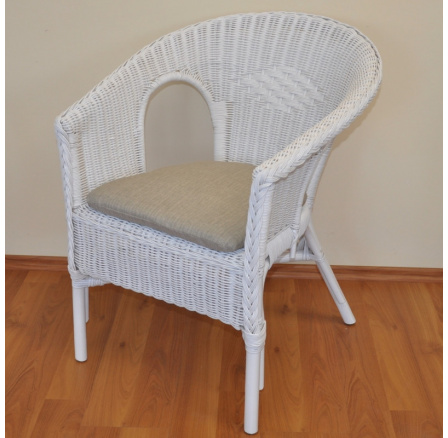 Ratanové kreslo Fabion biely vankúš tmavobéžové odlesky