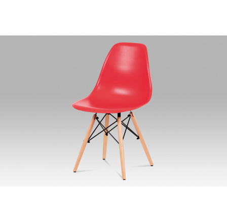 Jedálenská stolička, červený plast / masívny buk / čierny kov