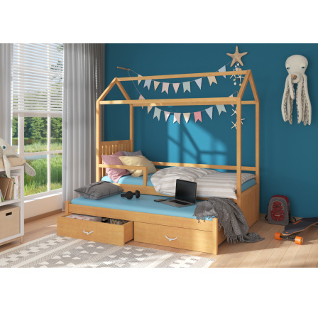 Posteľ domček s bariérkou a matracmi JONASZEK 180x80 Buk Posteľ domček s bariérkou a matracmi JONASZEK 180x80 Buk