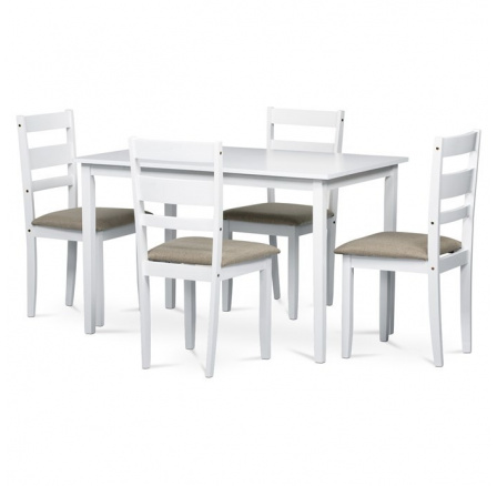 Jedálenský set 1+4, stôl 120x75x75 cm, MDF, dyha, masívne nohy, biely mat, sivé látkové sedadlá Jedálenský set 1+4, stôl 120x75x75 cm, MDF, dyha, masívne nohy, biely mat, sivé látkové sedadlá