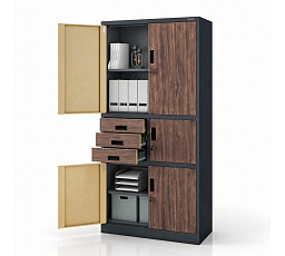 Kancelárska kovová skriňa s trezorom antracitová / orech: Eco Design FILIK II, 900 x 1850 x 400 mm