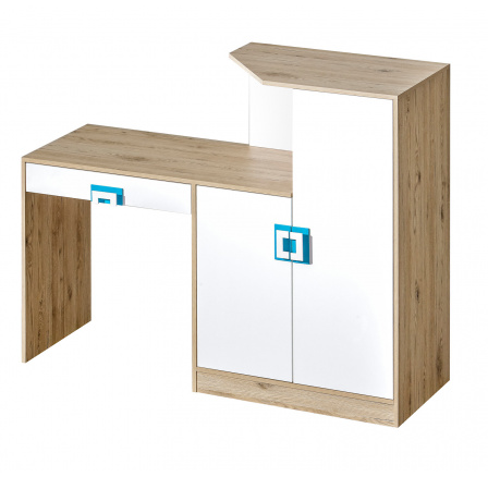 NIKOS 11 - Písací stôl s komodou (NICO 11) - biely/svetlý dub- tyrkysová úchytka (DO) (K150-Z)