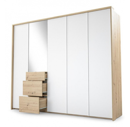 Šatníková skriňa NICEA 255 so zrkadlom, biela + dub Artisan