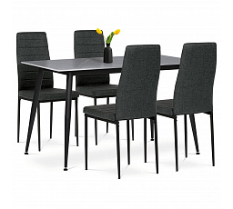 Jedálenský set 1+4, stôl 130x70, doska spekaný kameň v imitácii šedého matného mramoru, stoličky zelená látka, čierny lak