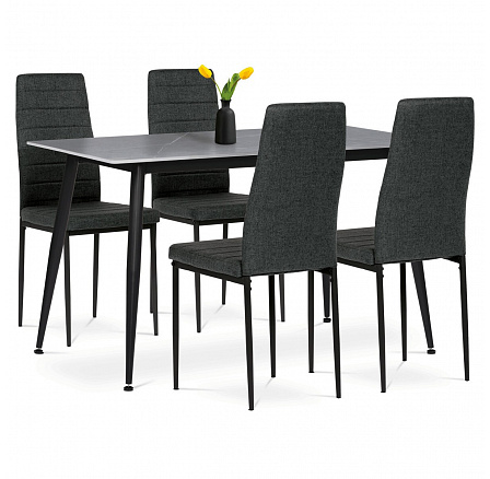 Jedálenský set 1+4, stôl 130x70, doska spekaný kameň v imitácii šedého matného mramoru, stoličky zelená látka, čierny lak Jedálenský set 1+4, stôl 130x70, doska spekaný kameň v imitácii šedého matného mramoru, stoličky zelená látka, čierny lak